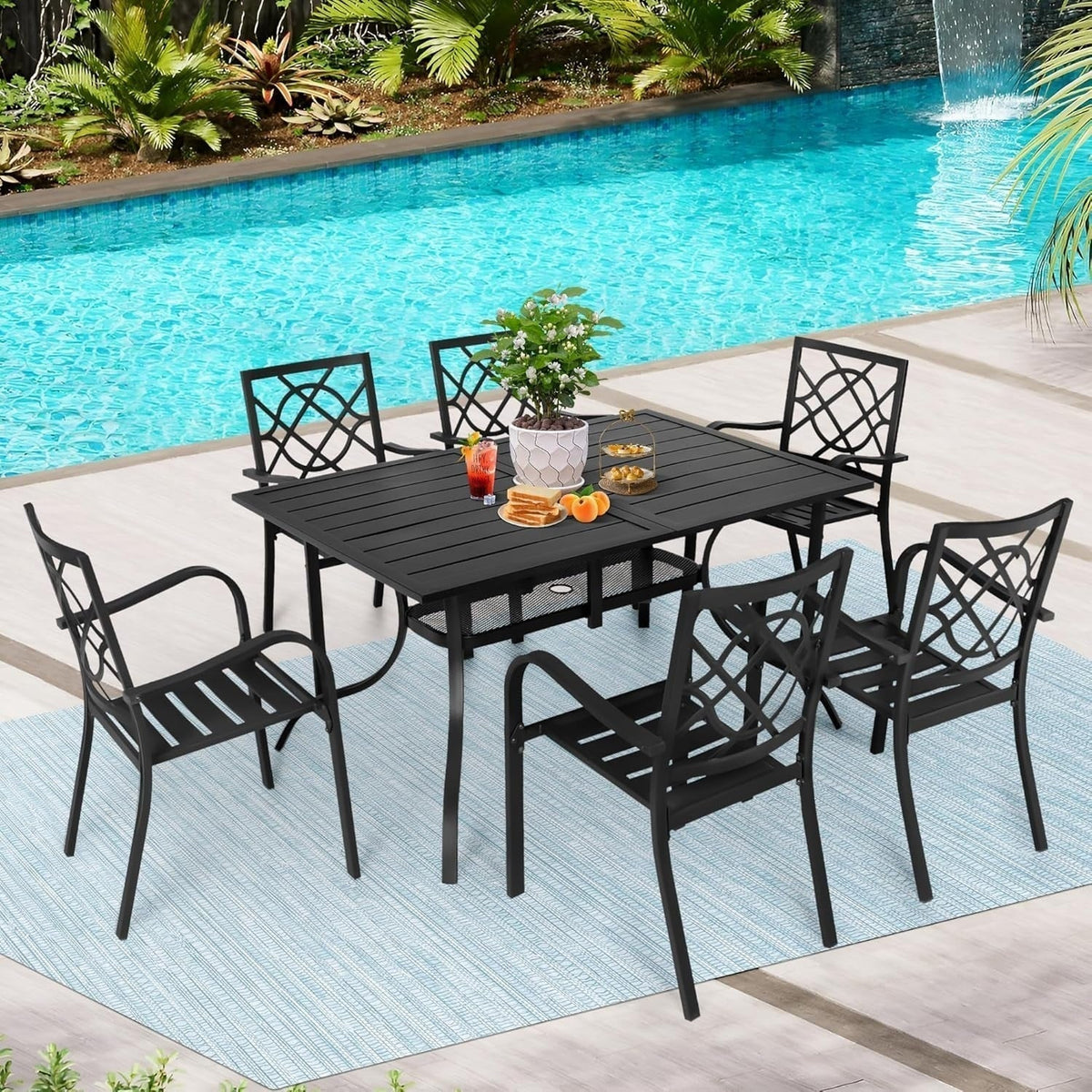 SUNCROWN Garten-Essgruppe 5/7-teilig, Stahl, Tisch mit Metalllatten und stapelbaren Stühlen, pulverbeschichteter Rahmen