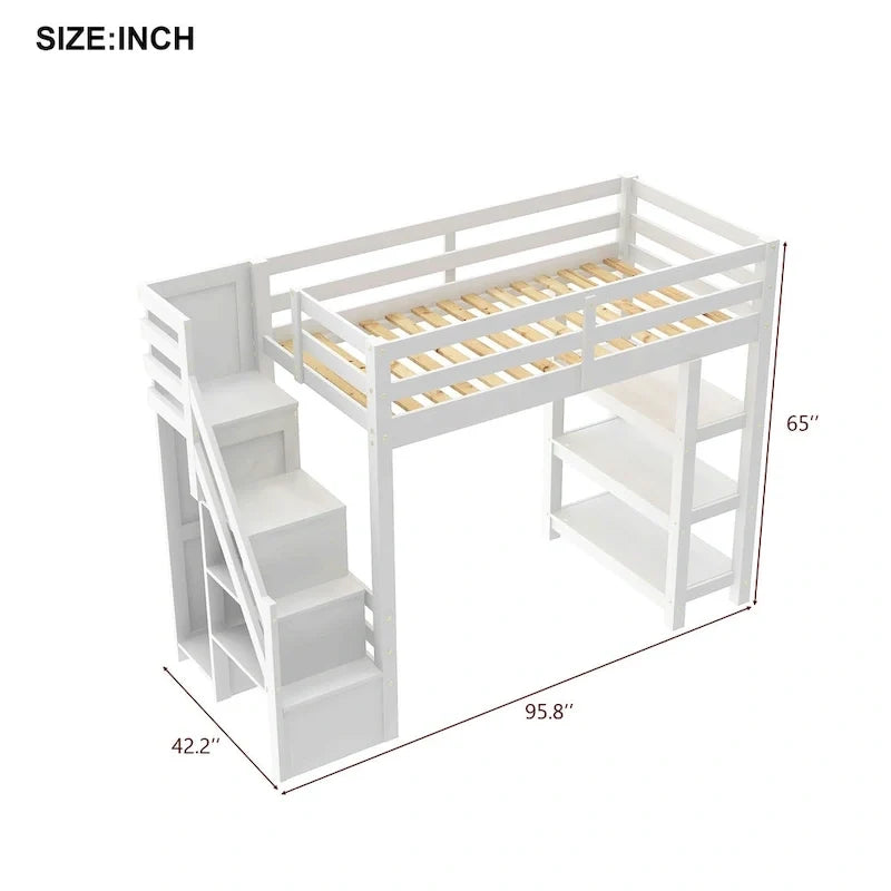Hochbett mit Stauraumtreppe (Einzel-/Doppelbett) – Regale, Kleiderschrank & LED-Beleuchtung, platzsparendes Design