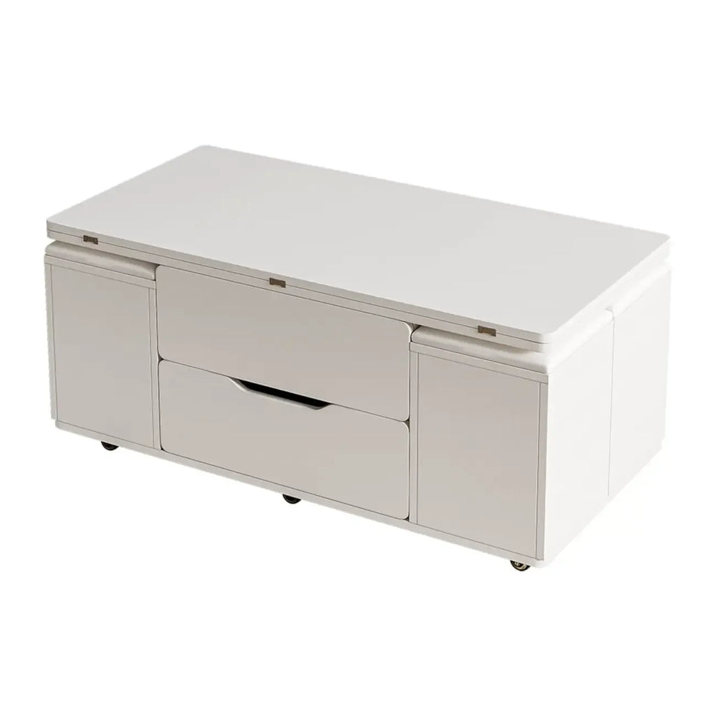 Klappbarer Couchtisch mit Liftfunktion, 4 Hockern und Stauraum