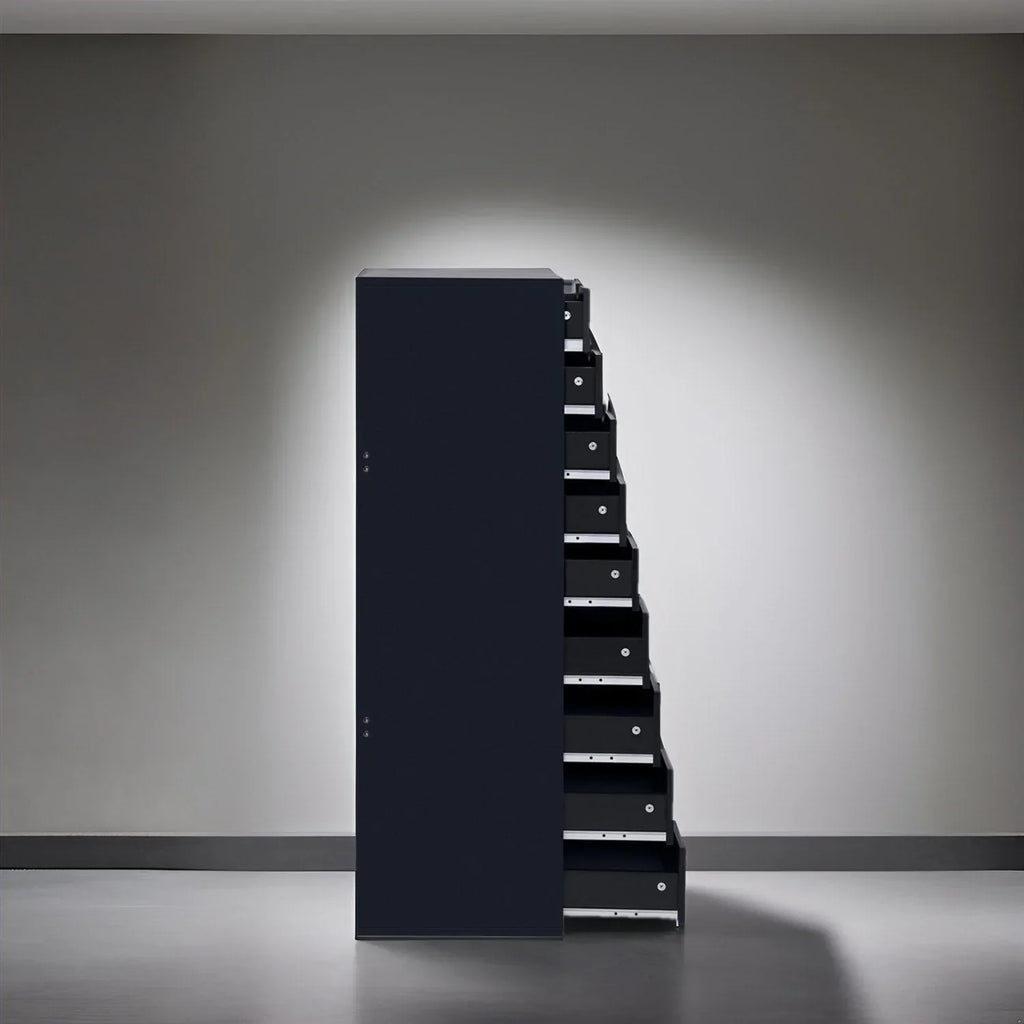 Schmaler Holzschrank mit 9 Schubladen, leichtgängigen Auszügen und Ablagefach oben