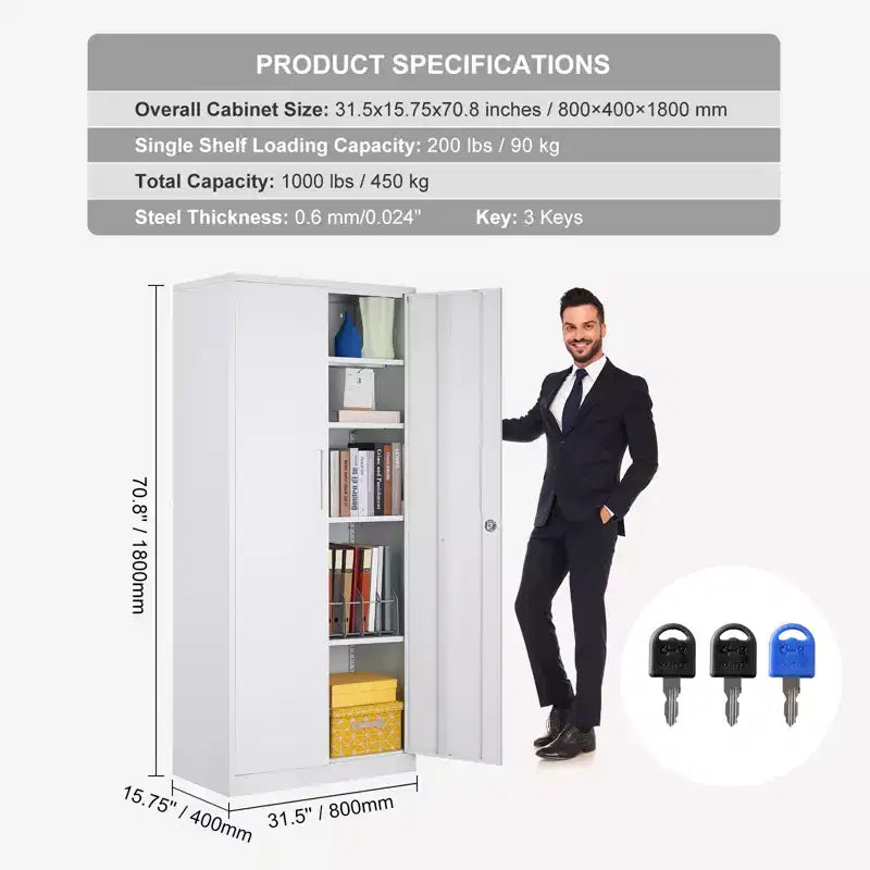 VEVOR Metall-Aufbewahrungsschrank, abschließbarer Stahlschrank mit 2 Magnettüren und 4 verstellbaren Einlegeböden, 180 cm hoher Metallschrank, 90 kg Tragkraft, Weiß