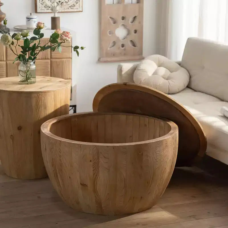 Runder Aufbewahrungs-Couchtisch im Retro-Stil aus Holz, geeignet für Wohnzimmer, Esszimmer oder Büro.