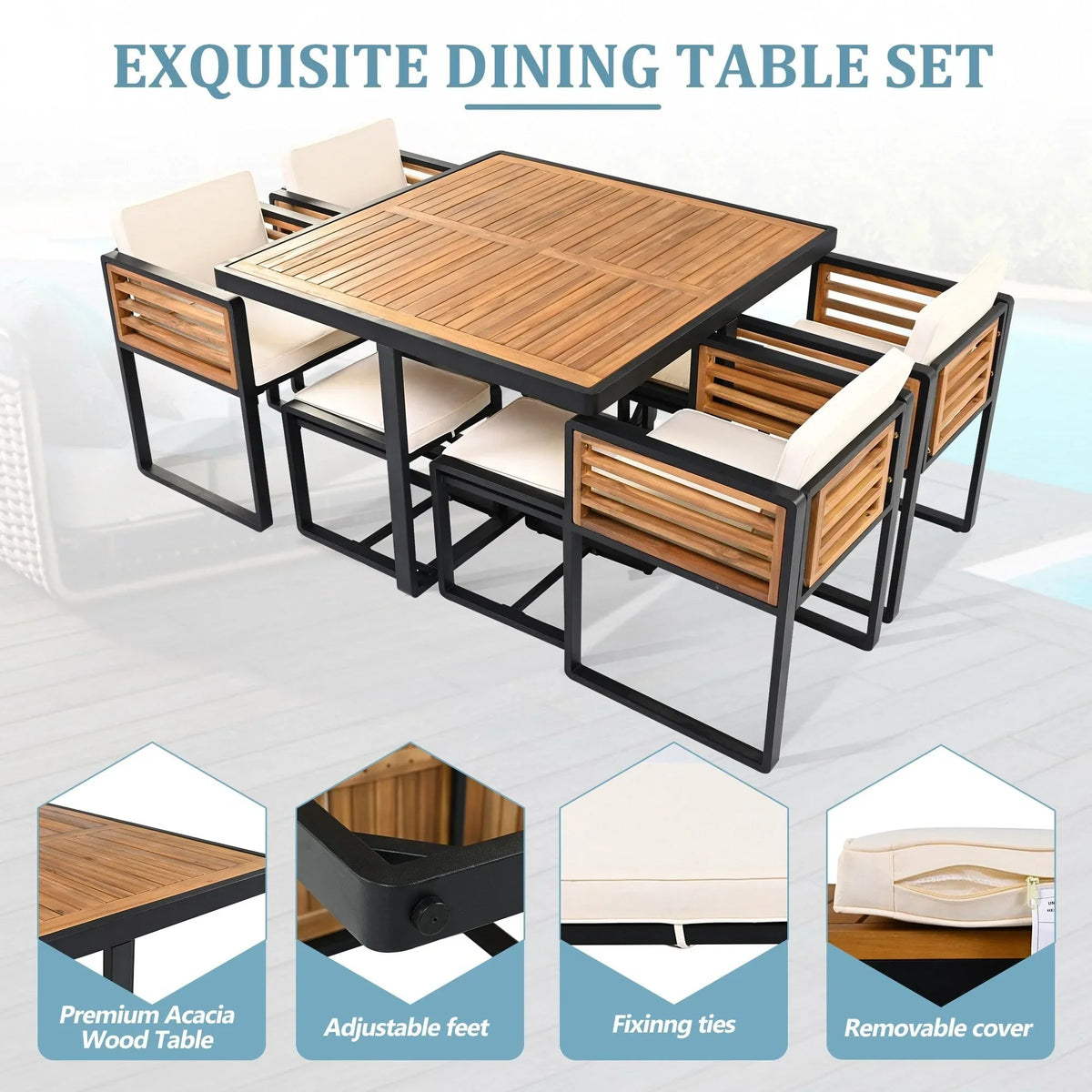 18-teiliges Terrassen-Essgruppen-Set aus Akazienholz, 8 gepolsterte Stühle & 8 Hocker & 2 quadratische Tische