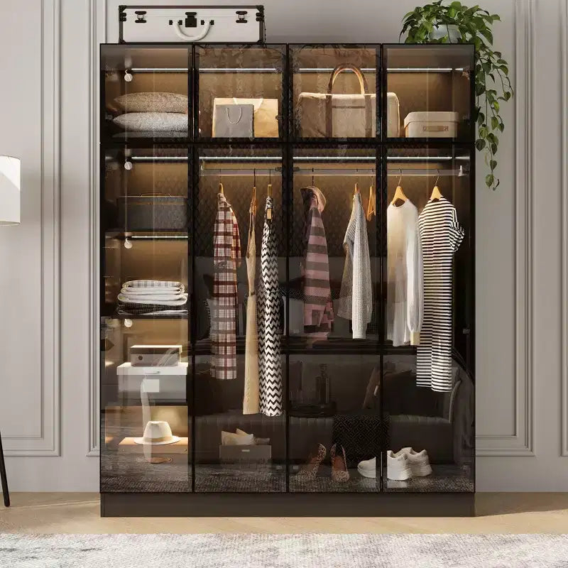 Hitow Pure Black Luxus-Kleiderschrank mit Türen aus gehärtetem Glas, 3-Farben-LED-Beleuchtung, vom Boden bis zur Decke reichender Schlafzimmerschrank-Organizer, Ankleidezimmerschrank