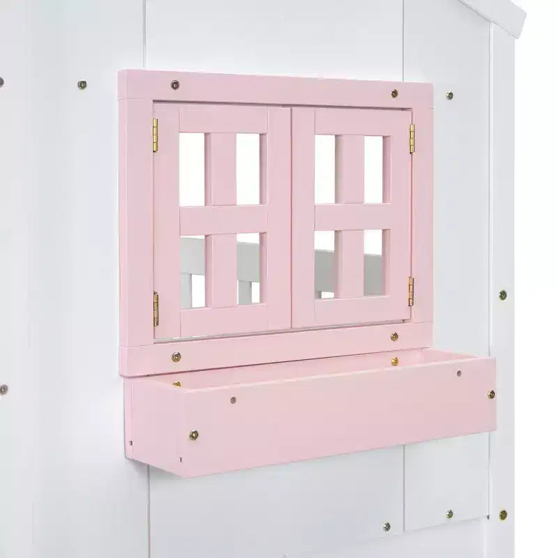 Doppel-Loftbett in Hausform, Holzspielhaus-Loftbett mit Leiter und Schutzgittern für Kinder