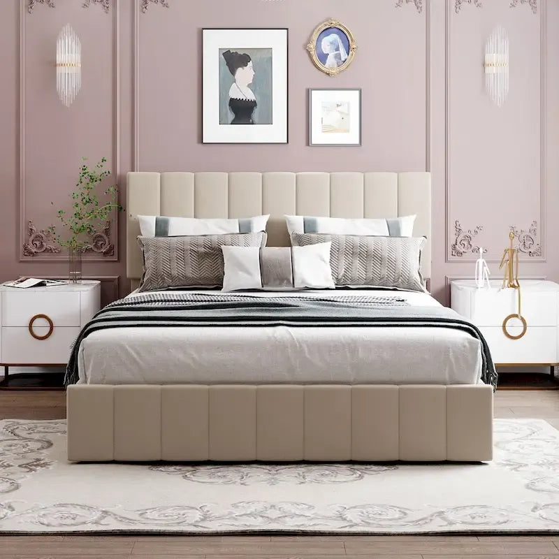 Queen-Size-Polster-Plattformbett mit hydraulischem Aufbewahrungssystem – Beige