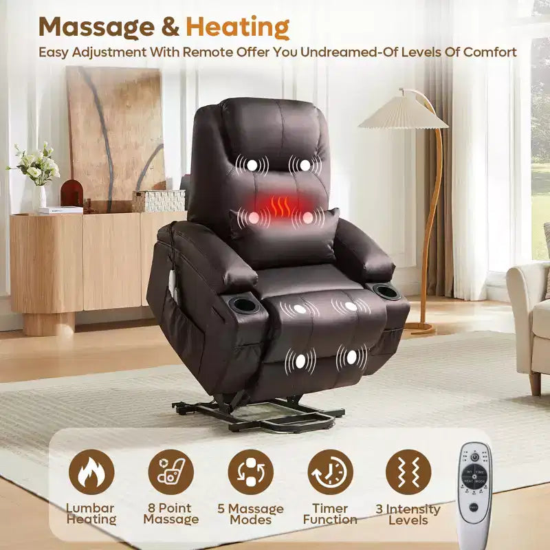 Bestier 34,6'' elektrischer Aufstehsessel mit Massage und Heizfunktion, Relaxsessel aus Kunstleder mit Seitentaschen und Getränkehaltern