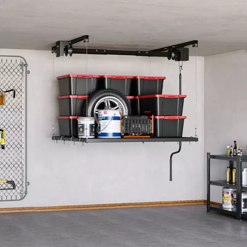 Verstellbares Schwerlast-Garagendeckenregal, deckenmontiert mit Sicherheitsschloss, 113 kg Tragkraft für Behälter, Werkzeuge, Fahrräder und Garage