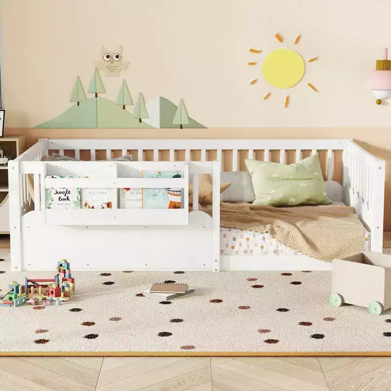 Bellemave Kinder-Bodenbett mit erhöhtem Zaun und Bücherregal, hölzernes Montessori-Bettgestell in Twin-Größe für Mädchen und Jungen