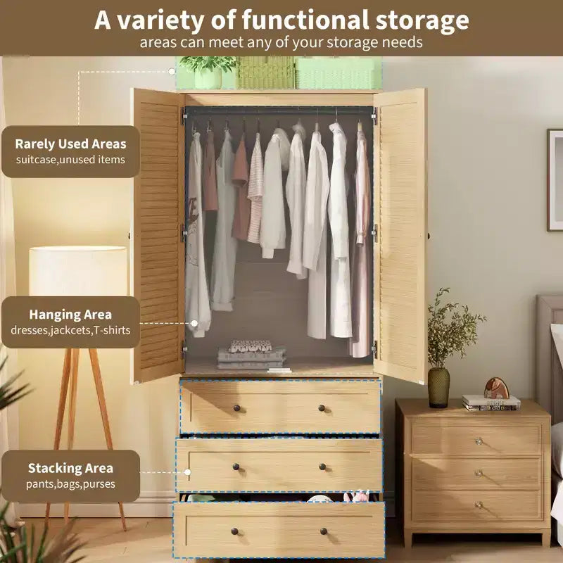 COZONY Kleiderschrank mit 3 Schubladen und 2 Türen, moderner Holzschrank für Schlafzimmer, robuster weißer Stehschrank