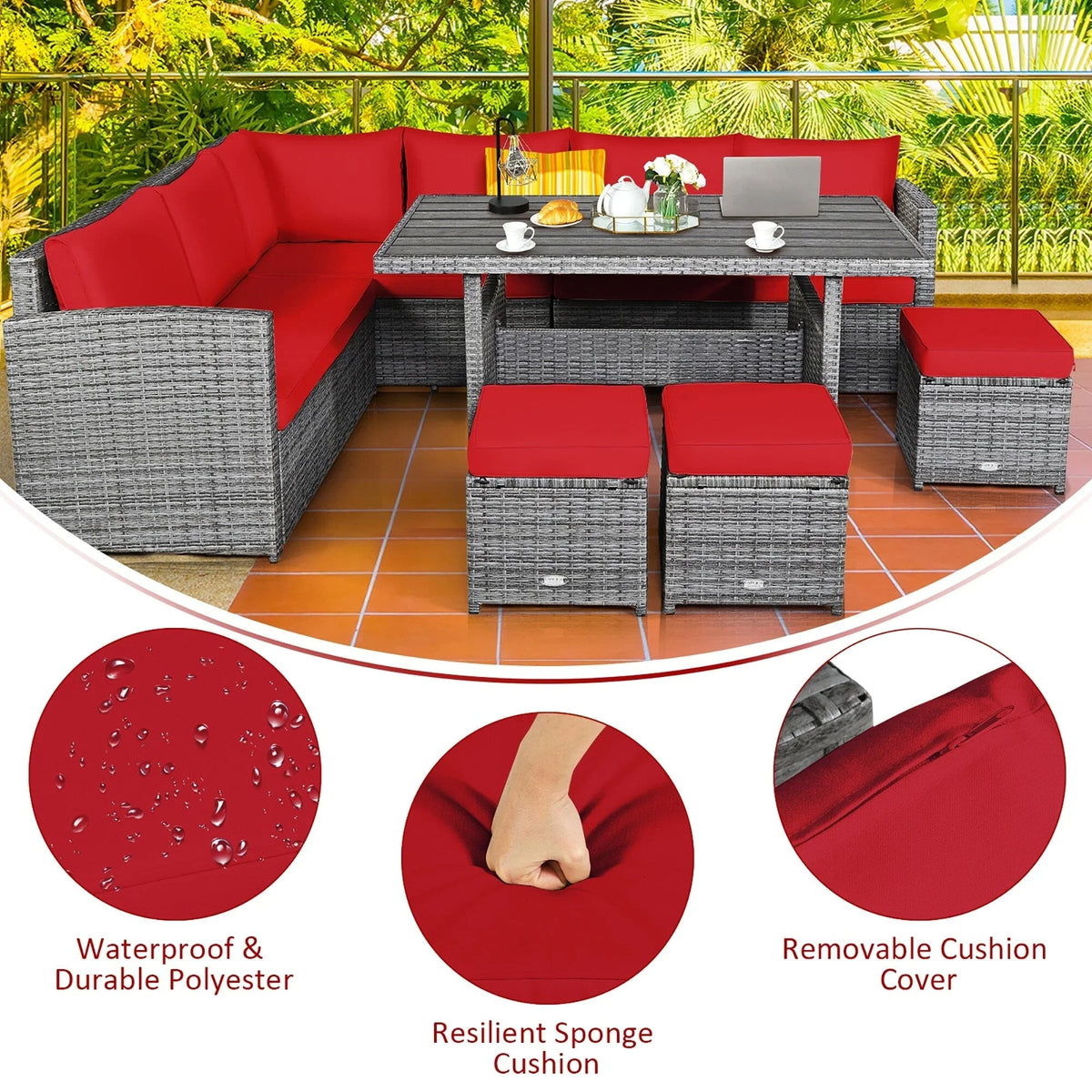 Costway 7-teiliges Terrassen-Essgruppe Rattan-Sofa Couch Ottomane – Details ansehen