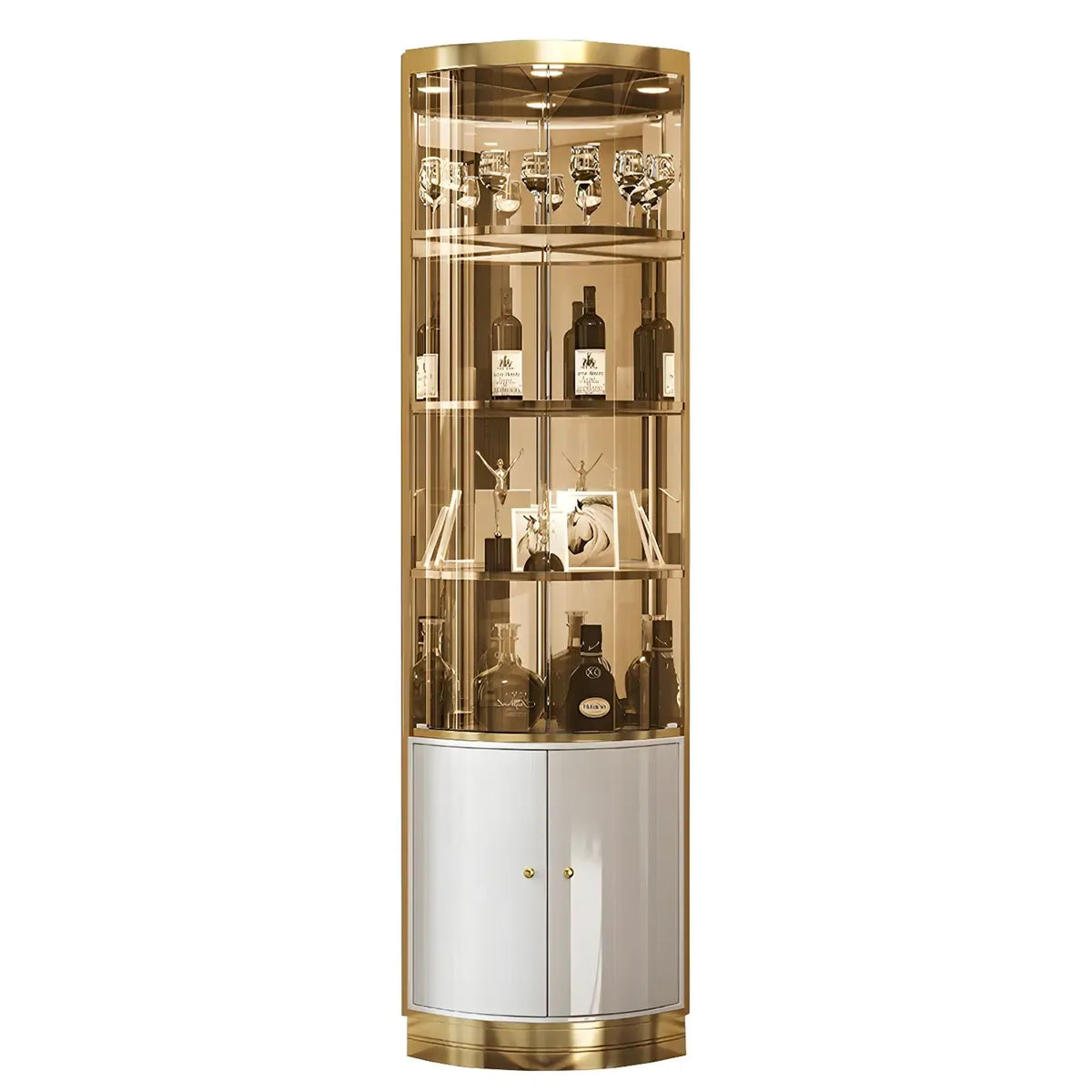 Glam Glossy Glas Gold Metall Abgerundete Display-Eckvitrine