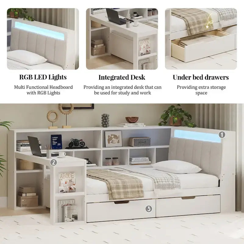 L-förmiges Holzsofa-Tagesbett mit Schreibtisch, Bücherregal, Eckbett mit Schubladen unter dem Bett, gepolstertem Kopfteil und integrierter Beleuchtung