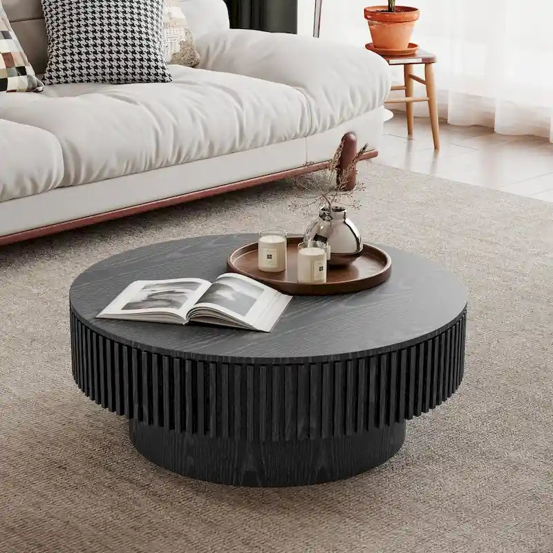 Moderner runder Couch-/Teetisch aus massivholzfurniertem Holz mit Stauraum
