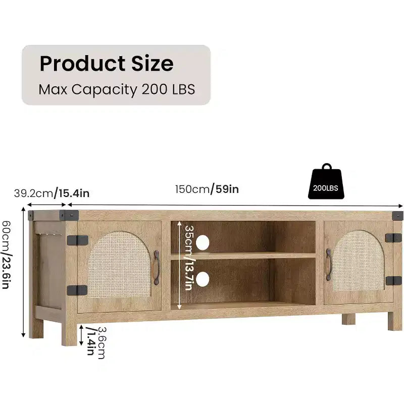 65-Zoll TV-Schrank im Bohème-Stil mit Rattantür – Hölzernes Entertainment-Center mit zwei Schränken und verstellbaren Einlegeböden, geeignet für Wohnzimmer