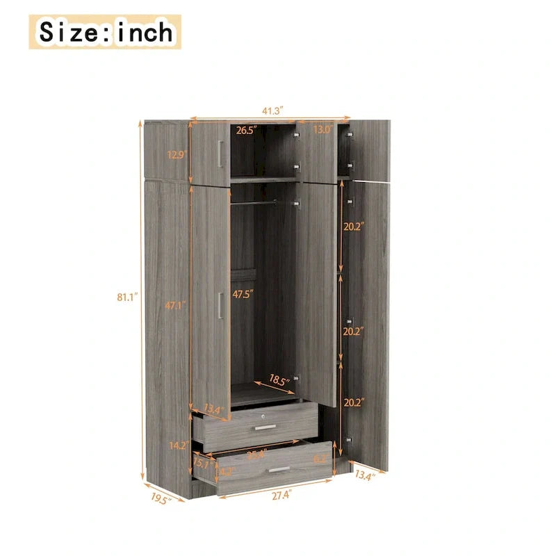 3-türiger Spiegelkleiderschrank mit 2 Schubladen und Aufsatzschrank