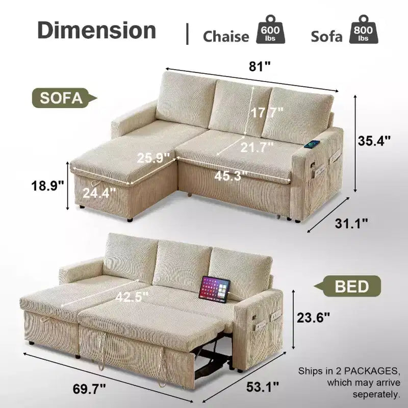 Dyonery 2-in-1 Schlafsofa ausziehbar mit Stauraum-Recamiere, Cord-Ecksofa mit USB-Anschlüssen für das Wohnzimmer