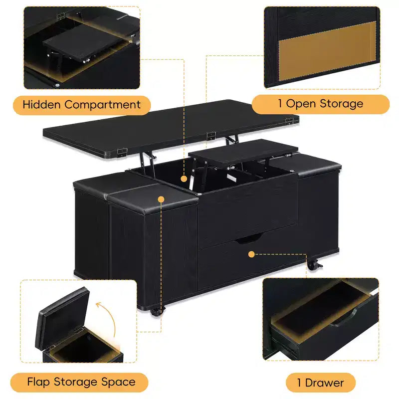 Multifunktionaler moderner Couchtisch mit Hebefunktion, verstecktem Stauraum, 4 Hockern und Rollen, perfekt für moderne Wohnbereiche