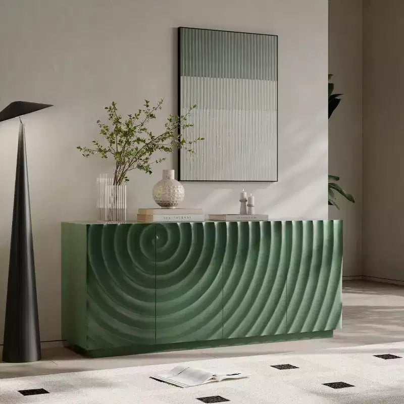 59 Modernes Spiral-Sideboard-Buffetschrank, flaches Kunst-Eingangs-Aufbewahrungsschrank mit 3D-Riffeltextur-Türen