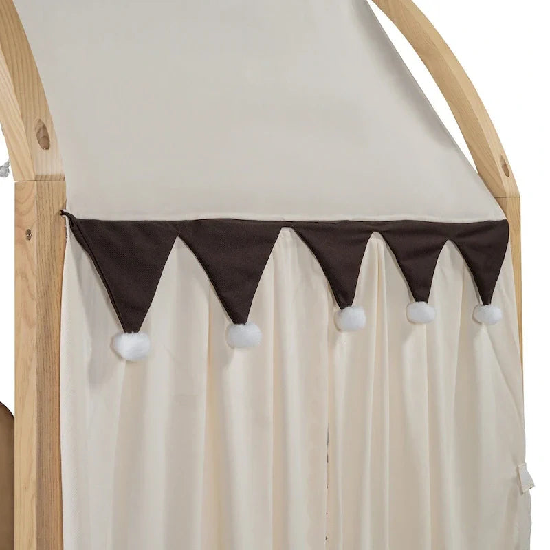 Massivholz-Spielhaus-Plattformbett, Montessori-Bettrahmen mit gewölbtem Dach und Ausziehbett für Mädchen und Jungen
