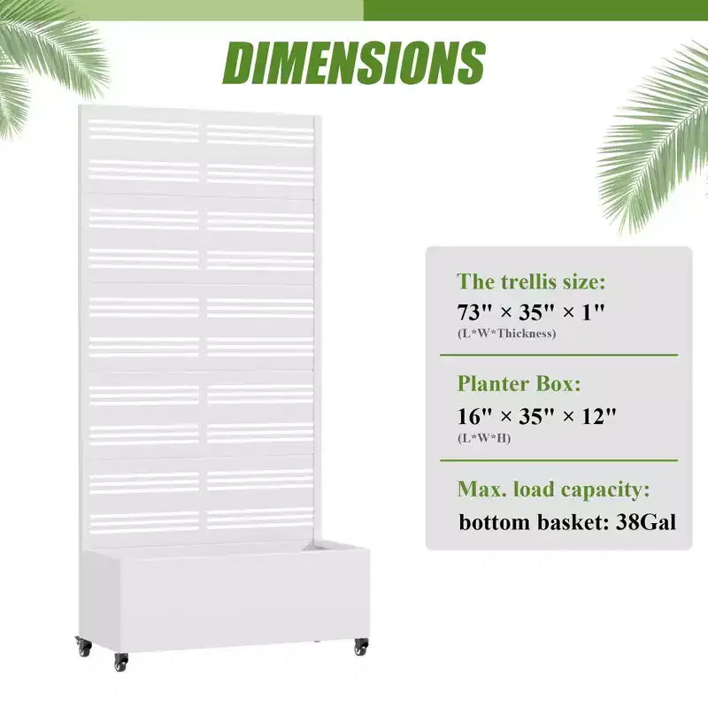 MAYEERTY Rechteckiger Pflanzkasten aus weißem Schmiedeeisen mit Spalier (Harold Wide-Narrow B Louvered), 72x35x16, 5-teilige Garten-Deko für Innen und Außen