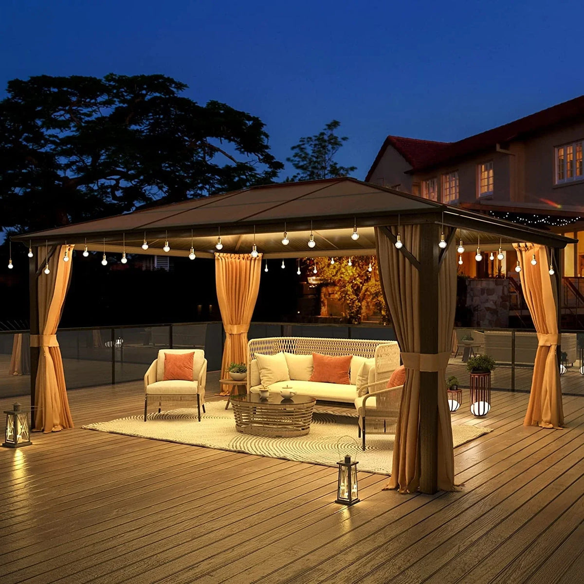 EROMMY Hardtop-Pavillon, Outdoor-Pergola mit Doppeldach & Netzen & Vorhängen, Hochleistungs-Canopy für Terrasse, Garten, Poolparty