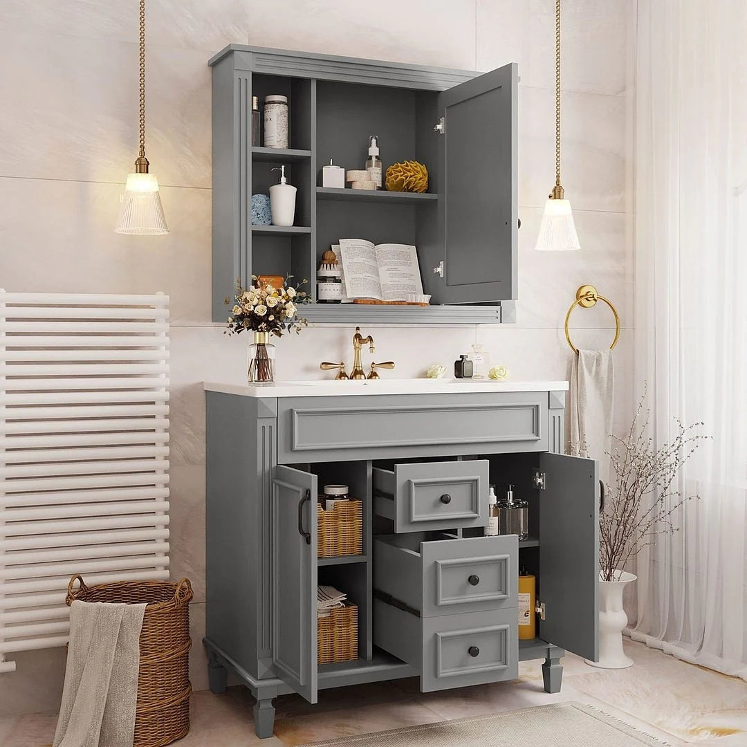 Moderner 36'' Badschrank mit Aufsatzwaschbecken und Spiegelschrank, 2 Türen und 2 Schubladen