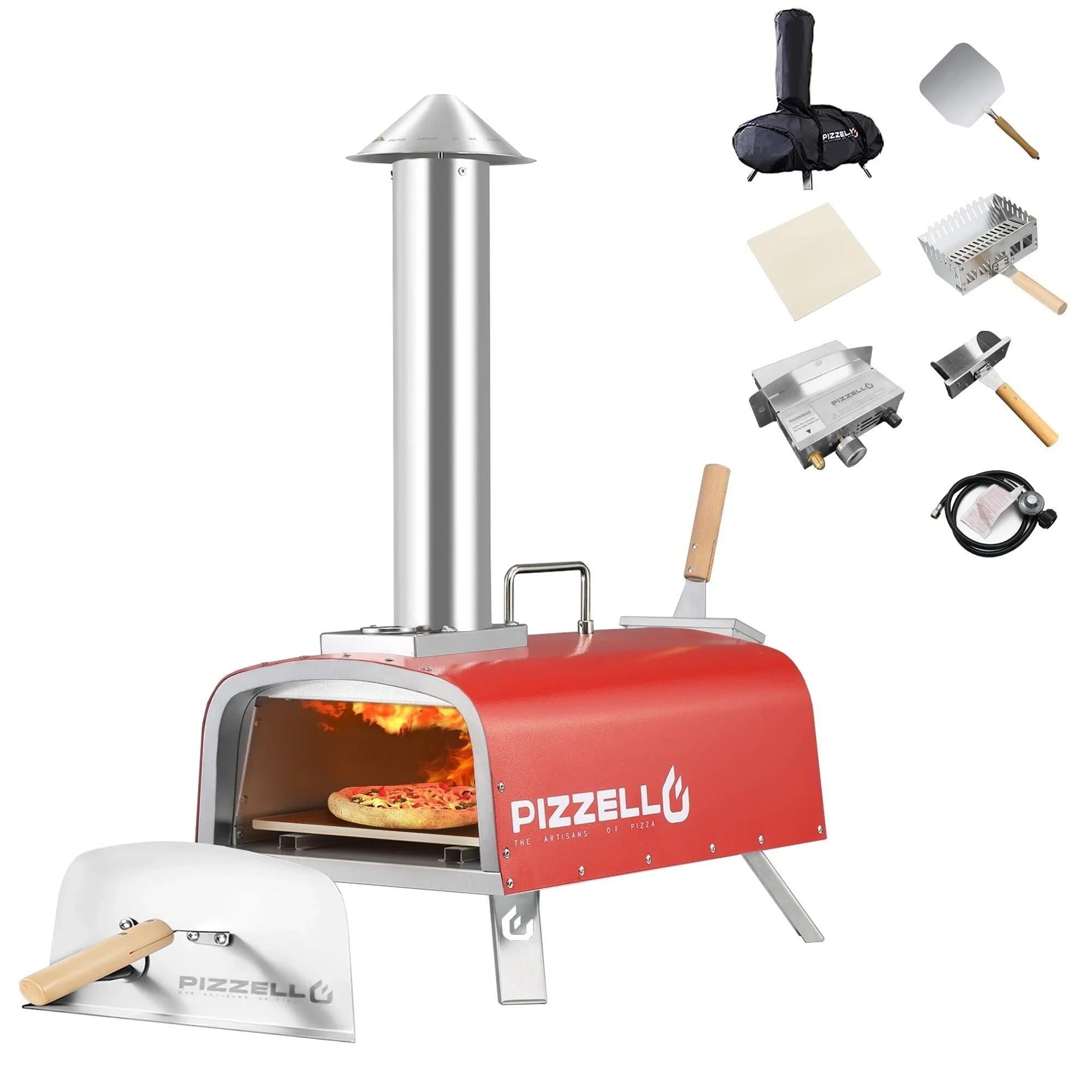 Multi-Brennstoff Outdoor Pizzaofen Steinbackofen mit Gasbrenner & Holzfach - 30 cm