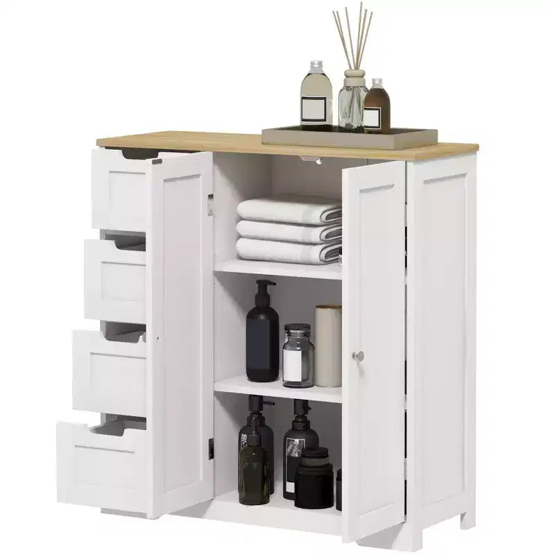 HOMCOM Badschrank mit verstellbarem Regal, freistehender Badezimmer-Aufbewahrungsschrank mit 4 Schubladen und 2 Türen, Weiß