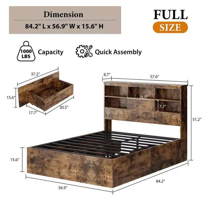 Doppelbettgestell mit Stauraum-Kopfteil, Holzbettrahmen mit 4 Schubladen, Stauraum-Bücherregal & King-Size-Plattformbett mit starker Metallunterstützung