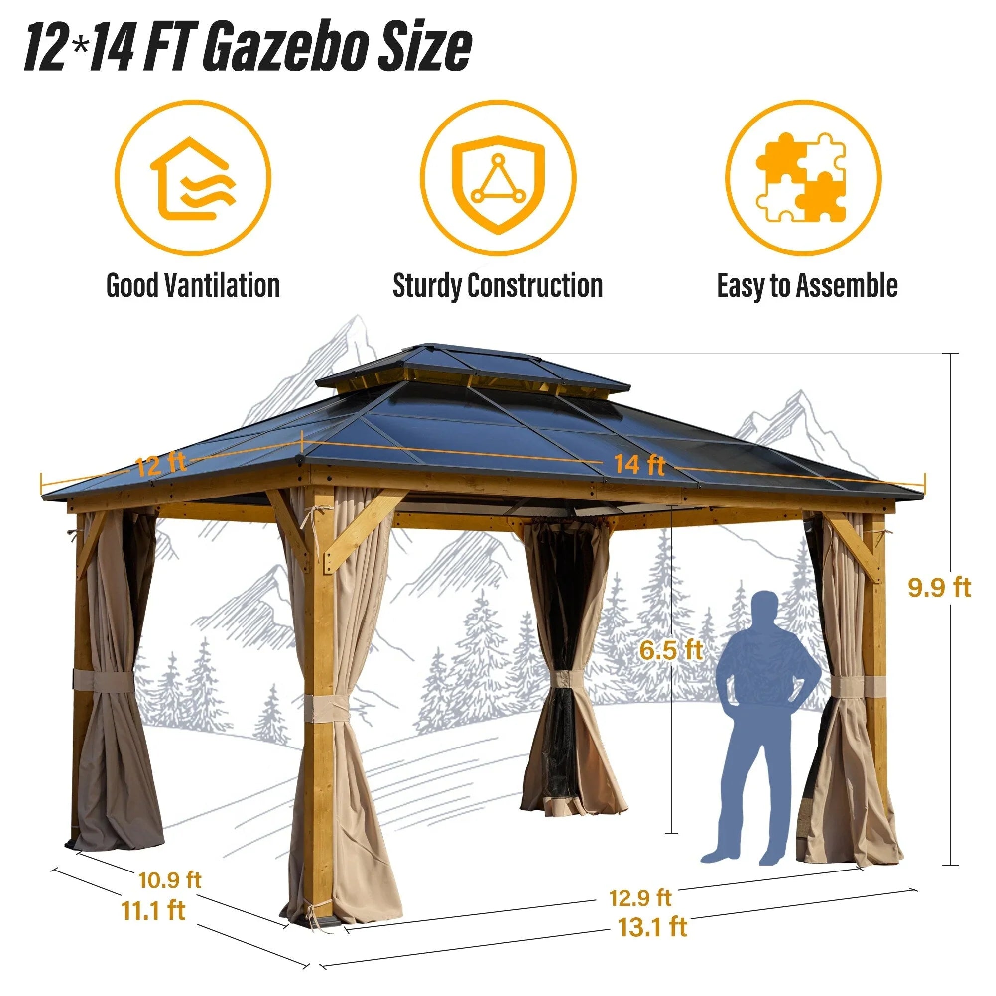 EROMMY Hardtop-Pavillon, Outdoor-Pergola mit Doppeldach & Netzen & Vorhängen, Hochleistungs-Canopy für Terrasse, Garten, Poolparty