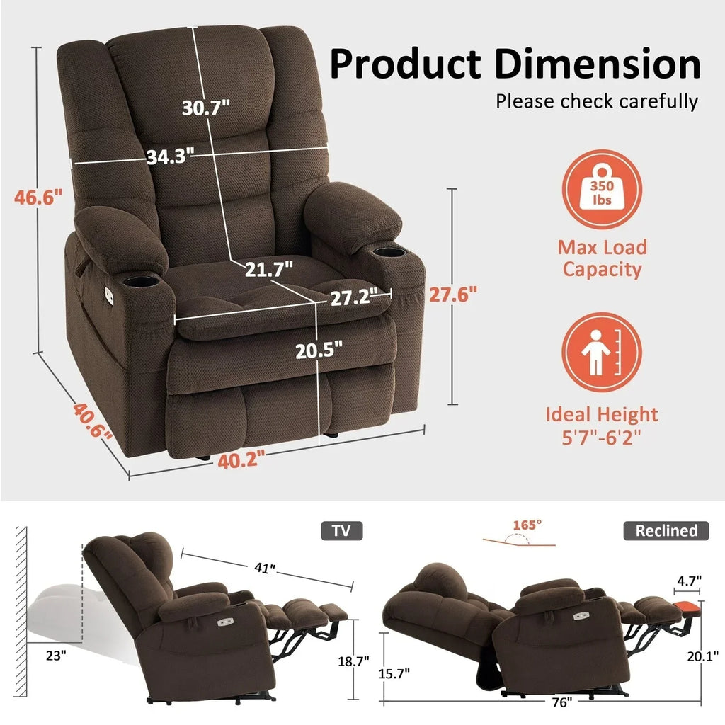 MCombo Großer, breiter Power-Lift-Liegesessel mit zwei Motoren, Massage und dualer Heizung für große und korpulente Senioren, Stoff R7635