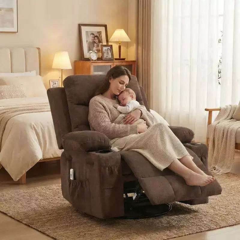 Übergroßer 360°-Dreh- und Schaukelsessel mit Massage und Heizung – Ergonomischer Loungesessel mit Getränkehaltern, Seitentaschen für Wohnzimmer, Kinderzimmer