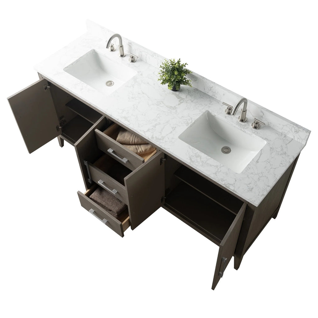 Vanity Art 72 Zoll Badezimmer-Waschtischunterschrank mit Doppelwaschbecken und Kunstmarmorplatte