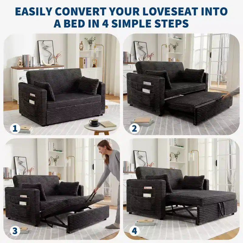 55 Convertible Schlafsofa mit ausziehbarer Fußstütze & verstellbarer Rückenlehne, platzsparendes Sofa für kleine Wohnungen