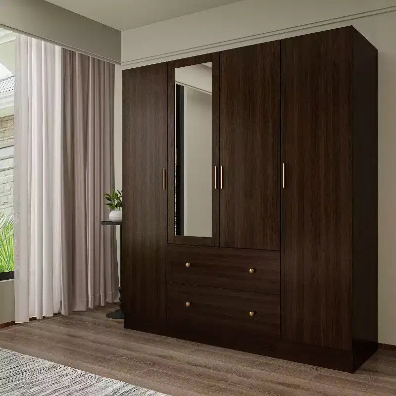 Hitow Kleiderschrank 2 große Schubladen, mittiger Hängeplatz mit Spiegel, minimalistischer Stil