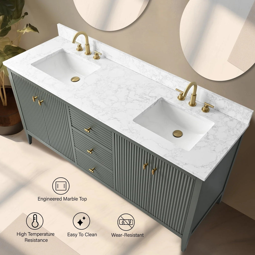 Vanity Art 72 Zoll Badezimmer-Waschtischunterschrank mit Doppelwaschbecken und Kunstmarmorplatte