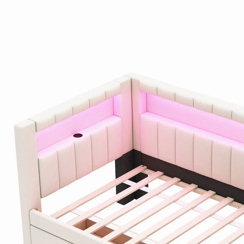 Gepolstertes Plattformbett mit USB-Anschlüssen & LED-Beleuchtung – Einzel-/Doppelbettgestell mit 2 Schubladen – Modernes Schlafzimmer