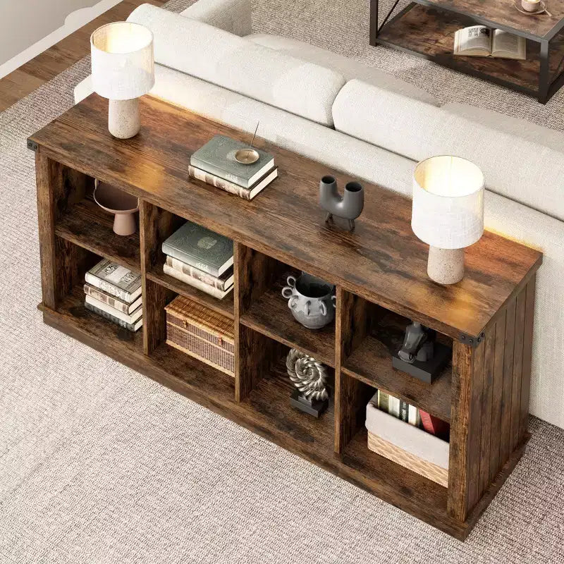 8 Würfelregal, Bücherregal im Landhausstil, 157,5 cm langes Holzregal für den Eingangsbereich, langes, niedriges Bücherregal für das Wohnzimmer
