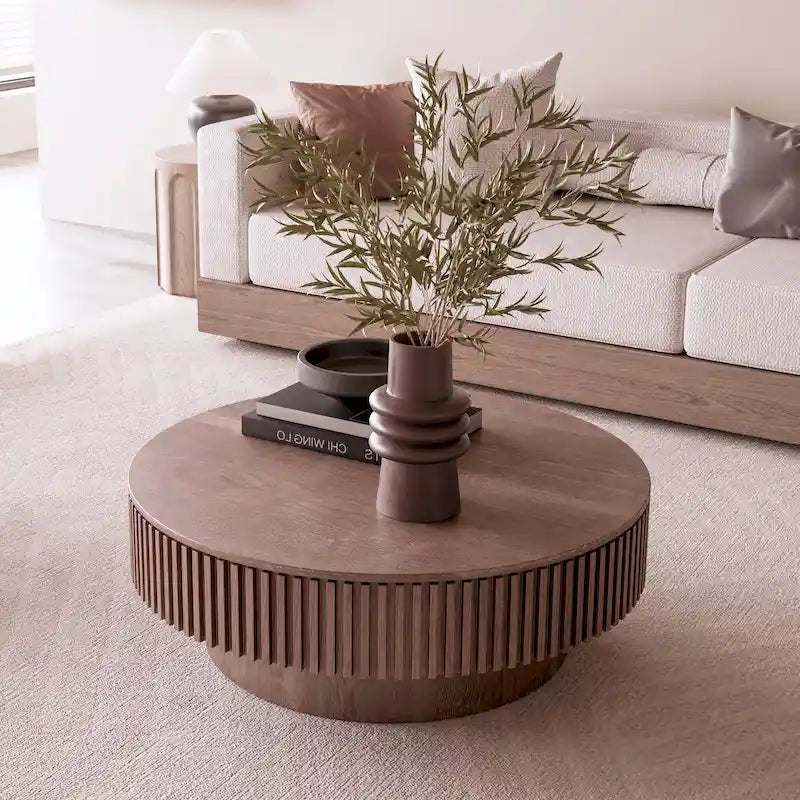 Moderner runder Couch-/Teetisch aus massivholzfurniertem Holz mit Stauraum