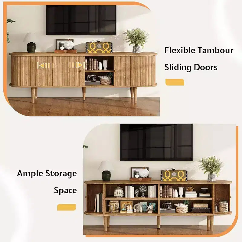 AMERLIFE 70 TV-Schrank mit Massivholzbeinen, Mid-Century Modern TV-Konsole mit Rolltür