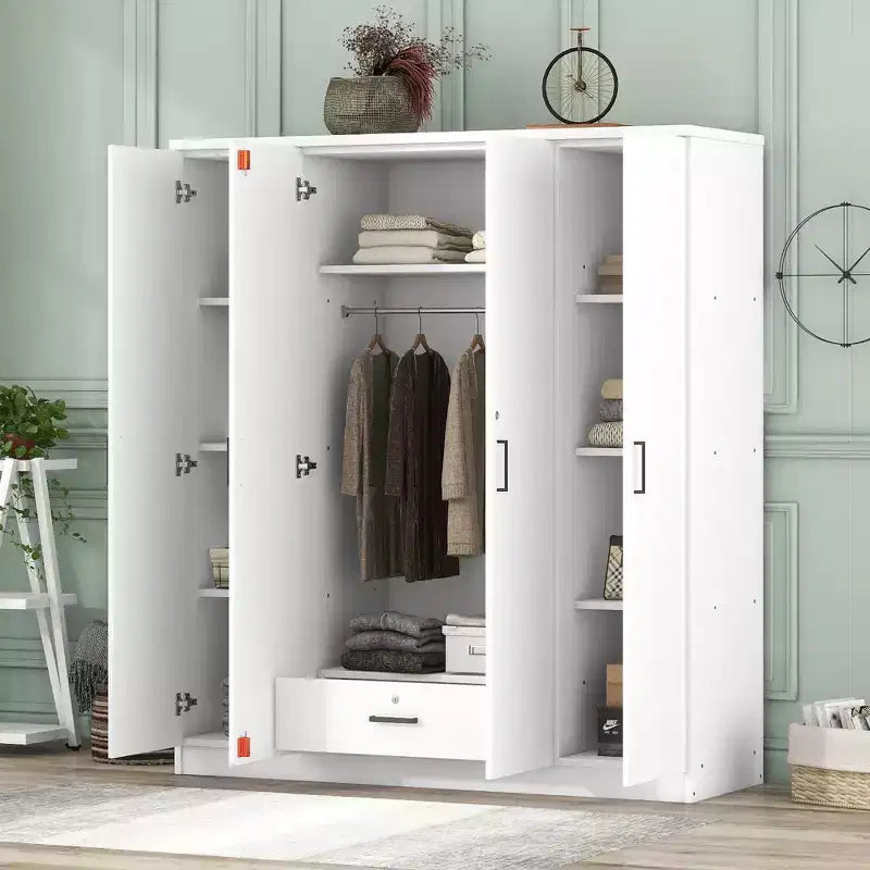 Holz-Kleiderschrank mit 4 Türen, Kleiderstange, 1 Schublade und Ablagefächern