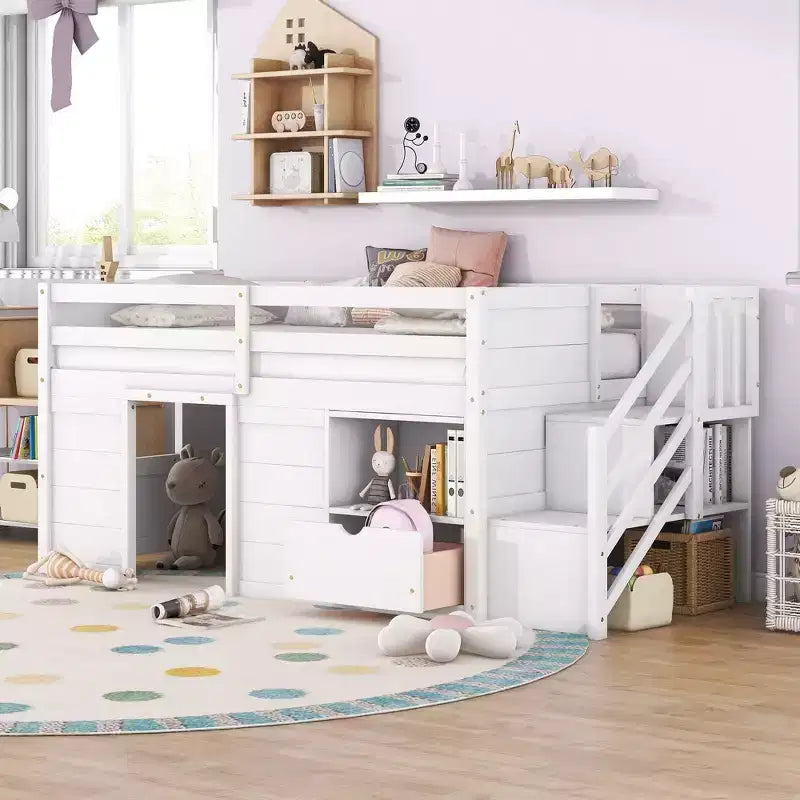 Okak Massivholz-Hochbett mit Treppe & Stauraum, Niedriges Etagenbett mit Schubladen & Regalen, Multifunktionales Hochbett für Kinder, Jugendliche