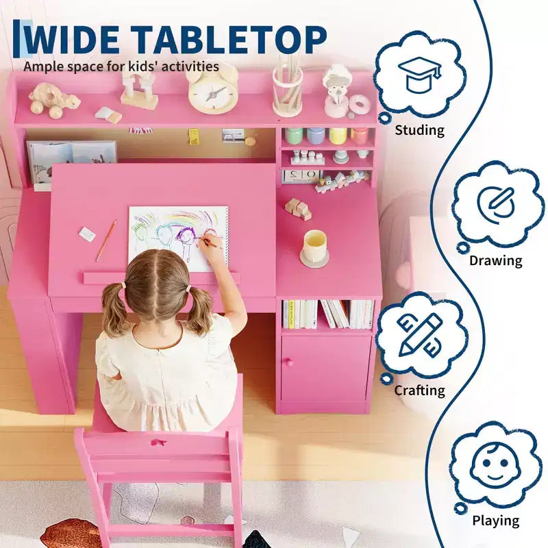 Kinder Schreibtisch & Stuhl Set mit Stauraum, Kinder Schreibtisch mit Aufsatz und neigbarer Platte, für 3-8 Jahre, Schreibtisch für Studenten im Schlafzimmer