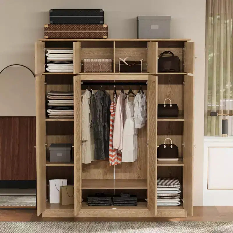 70.87Tall 8-türiger Kleiderschrank mit großer Kapazität, Kleiderstange, verstellbaren Regalböden und Rattantüren