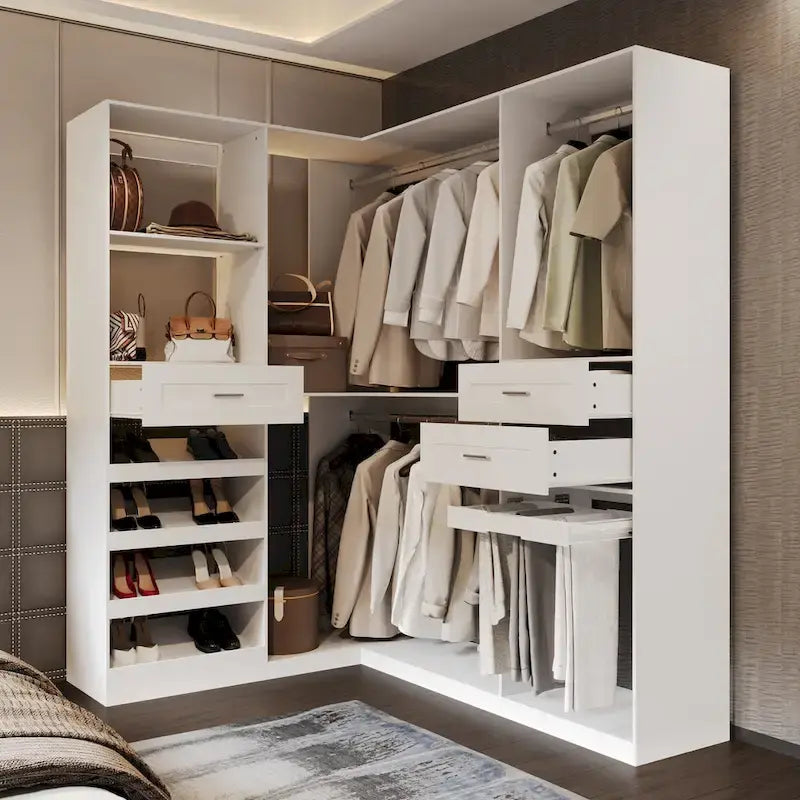 Eckkleiderschrank mit 2 Kleiderstangen, Hosenhalter und Schuhaufbewahrung