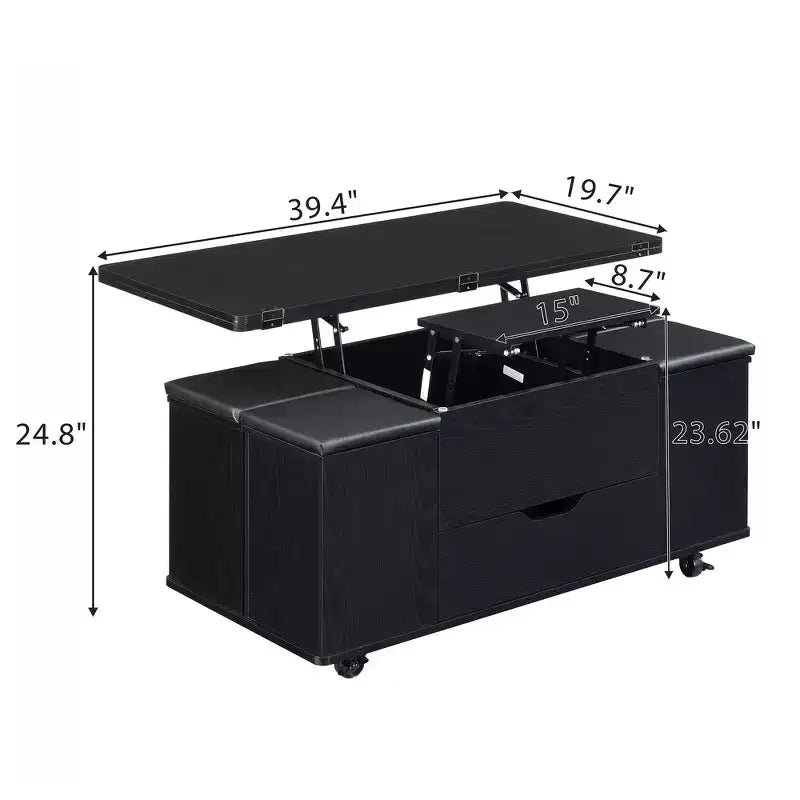 Multifunktionaler moderner Couchtisch mit Hebefunktion, verstecktem Stauraum, 4 Hockern und Rollen, perfekt für moderne Wohnbereiche