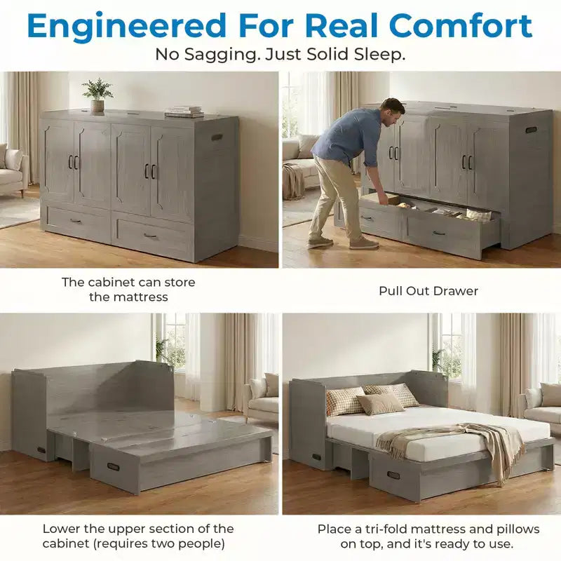 Mjkone Queen-Size-Schrankbett mit Matratze, USB-Ladeanschluss und Aufbewahrungsschubladen