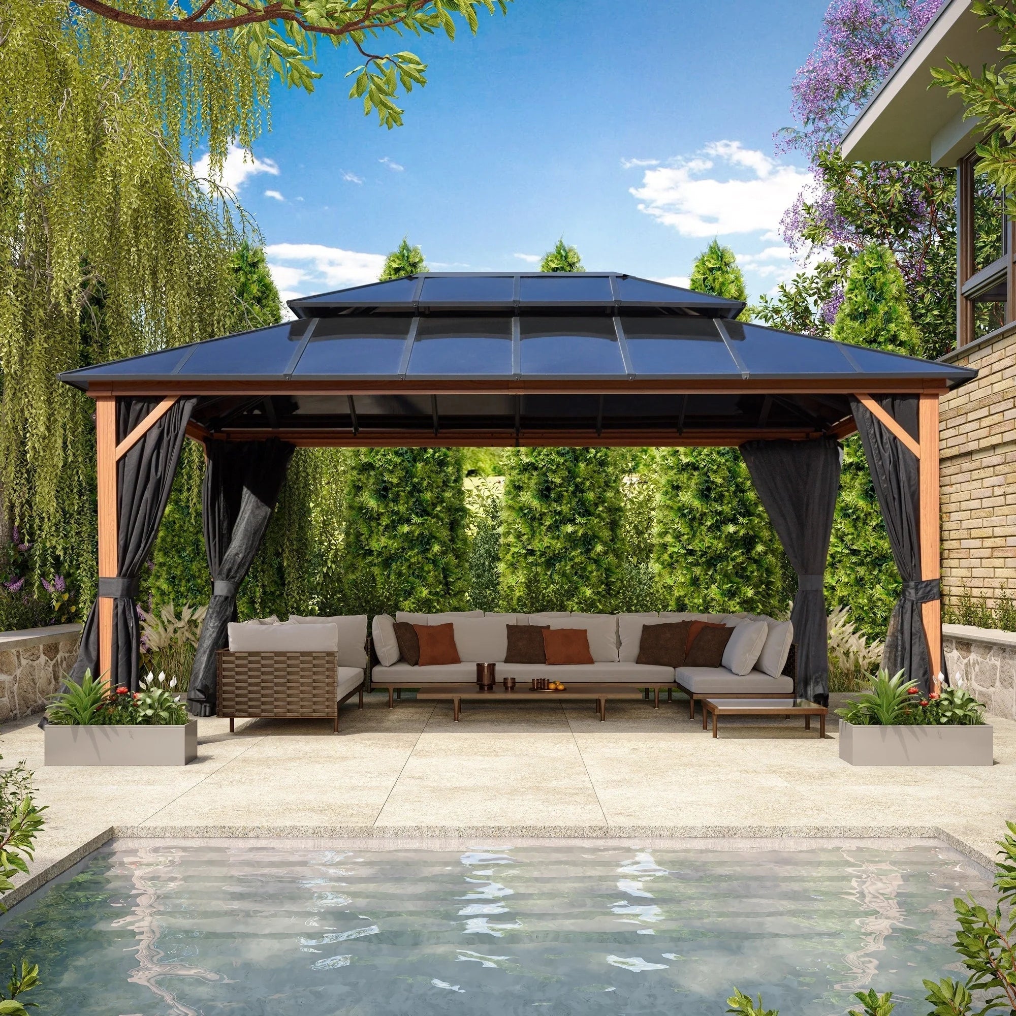 EROMMY Hardtop-Pavillon, Outdoor-Pergola mit Doppeldach & Netzen & Vorhängen, Hochleistungs-Canopy für Terrasse, Garten, Poolparty