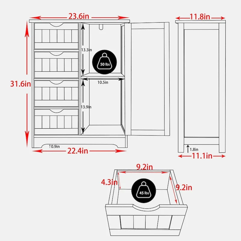 VEIKOUS Badezimmer-Bodenschrank mit 4 Schubladen